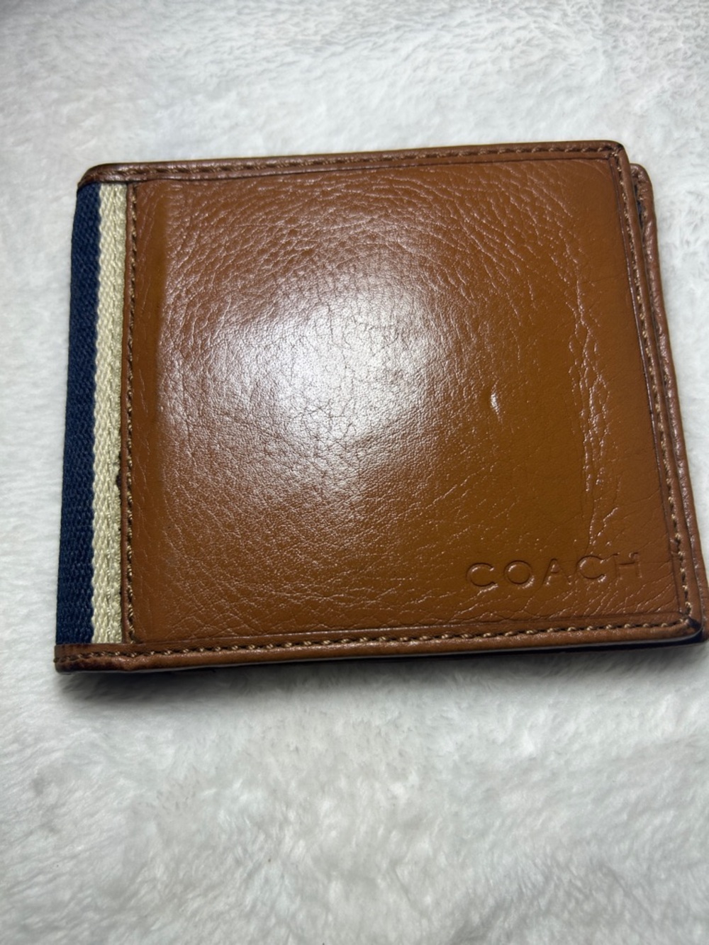 COACH Brown Leather Money Clip with Navy and Cream Stripe